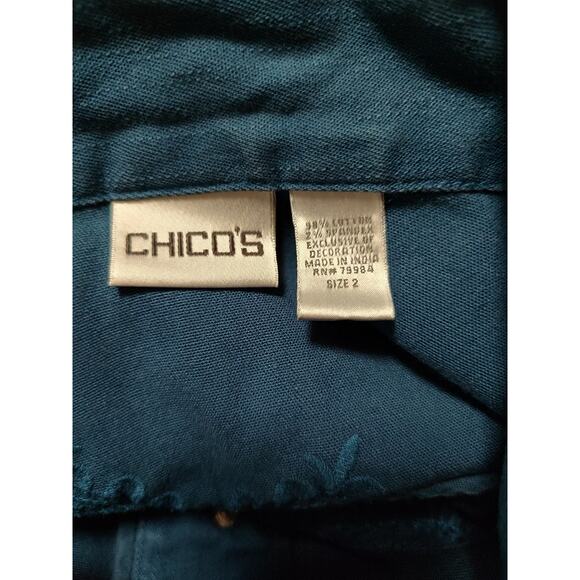 Chicos Size 2 Turquoise Blue Embroidered Long Sleeve Button Front Denim Jacket - Picture 12 of 12